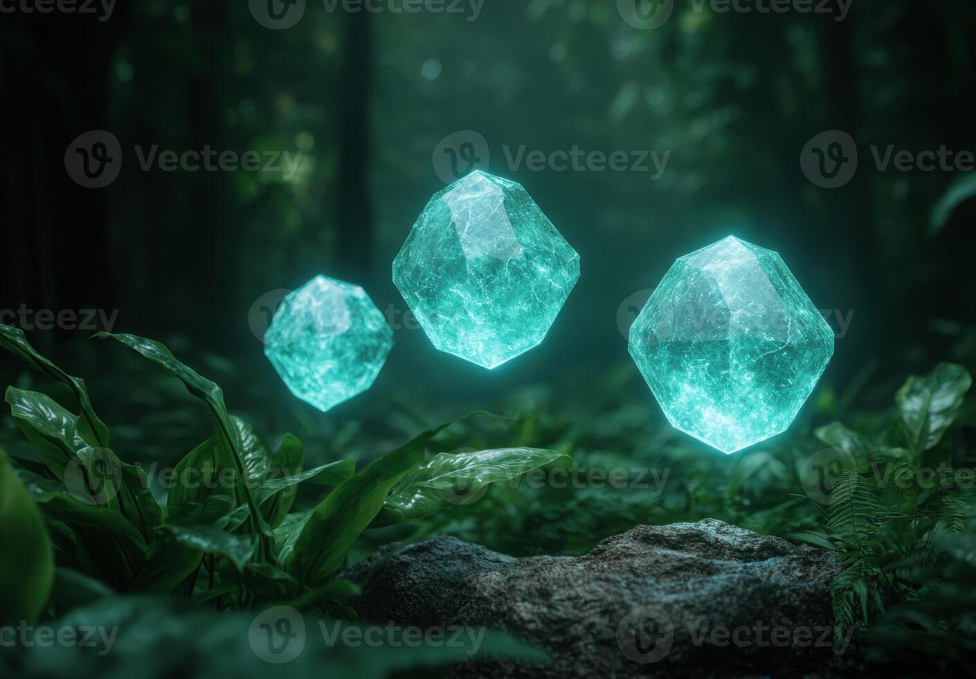 Glowing crystals in the forest photo