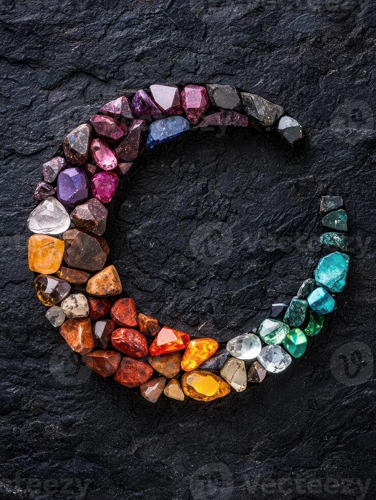 Colorful gemstones arranged in a circular pattern on a dark slate background photo