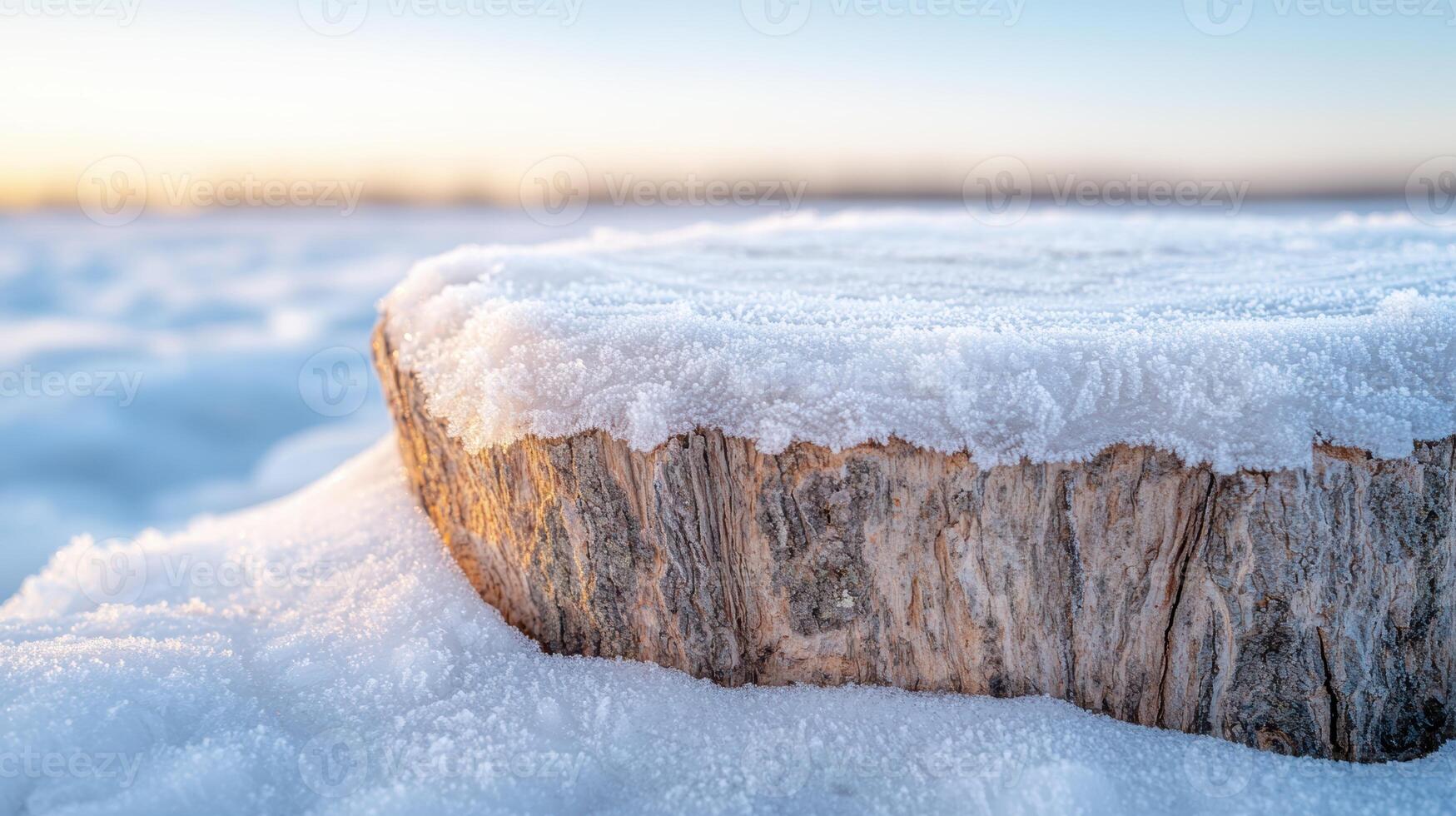 Frozen lake shore with snow covered log photo
