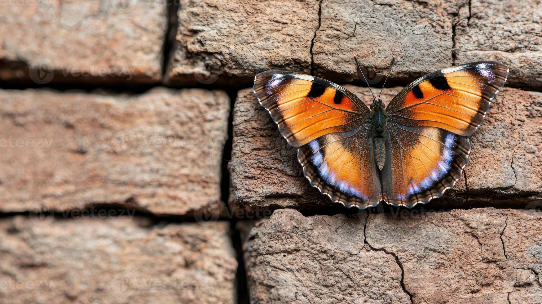 Vibrant orange butterfly resting on cracked rock surface photo