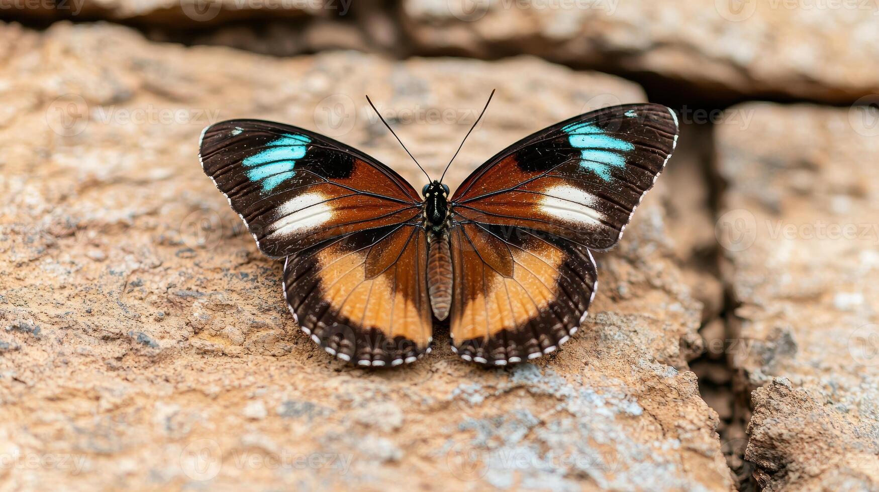 Vibrant butterfly resting on rocky surface photo