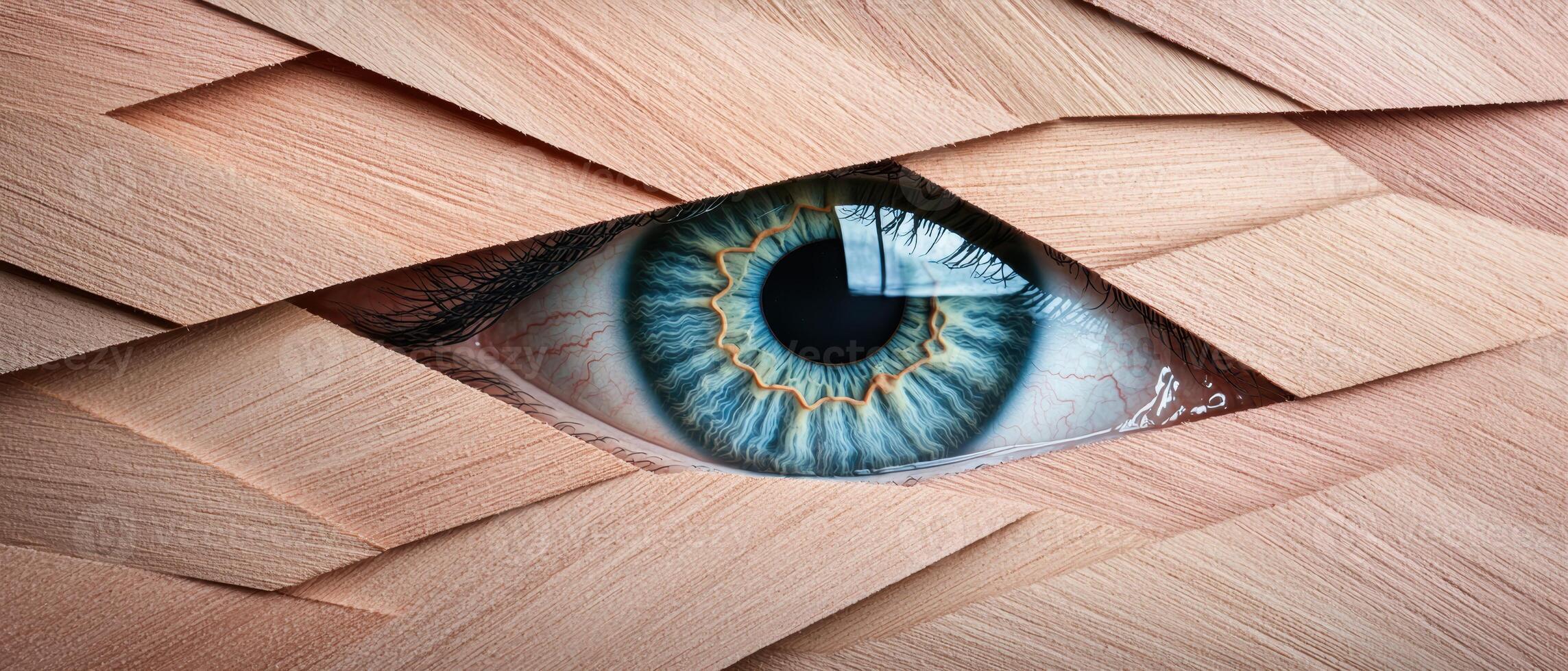 Close up of a mysterious eye in a wooden texture photo