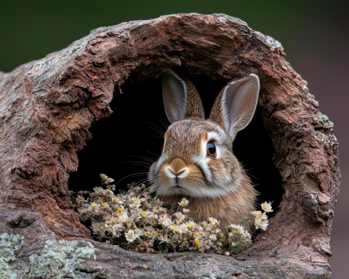 Curious rabbit peeking out from wooden log photo
