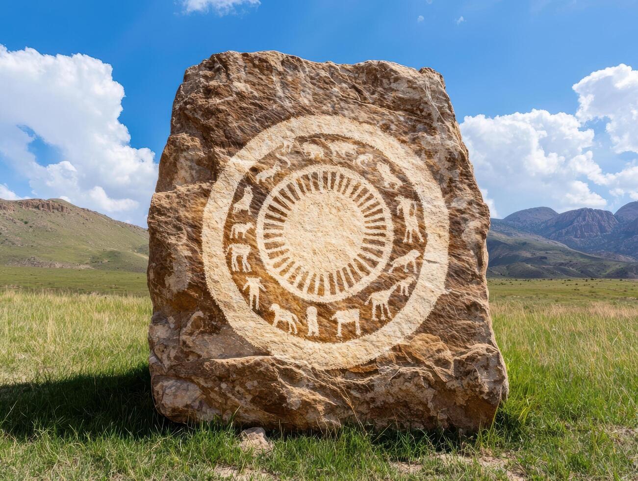 ancient rock carving in mountainous landscape photo