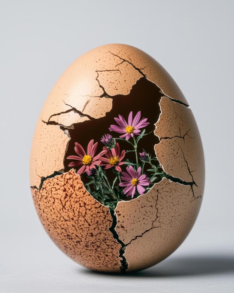 cracked egg with flowers blooming inside photo