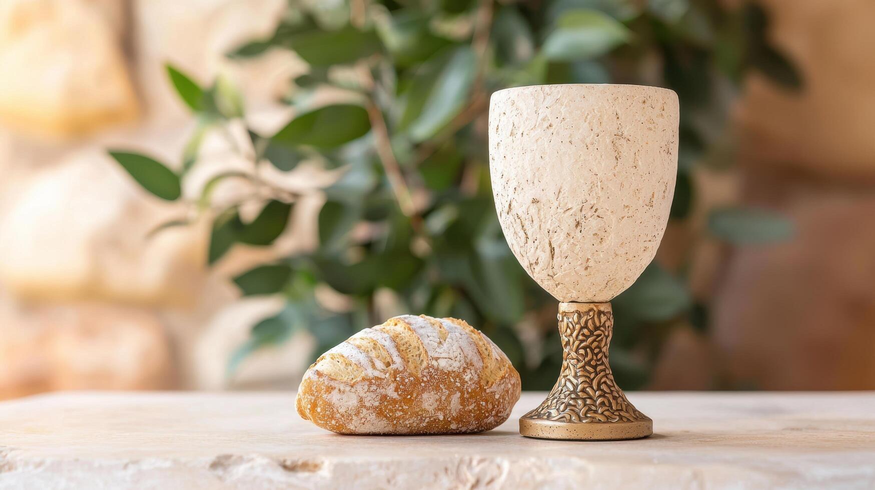 communion bread and chalice on wooden table photo