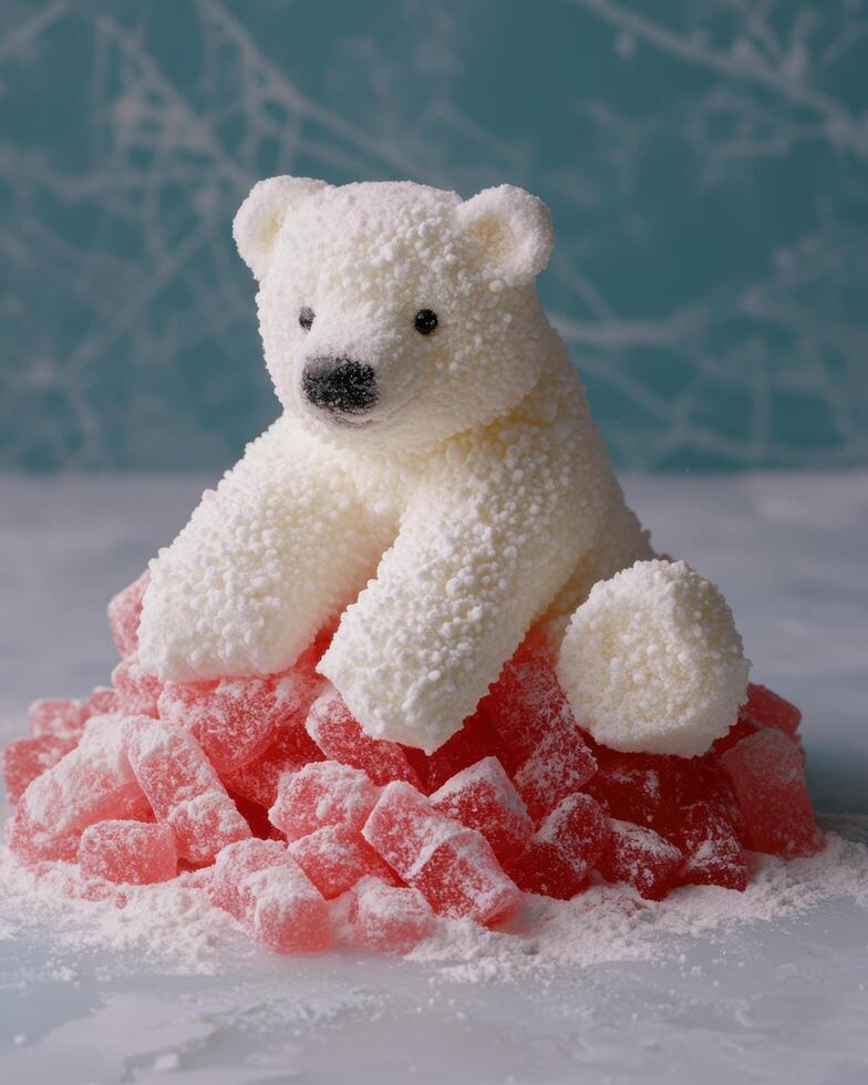 Cute plush polar bear on red candy cubes photo