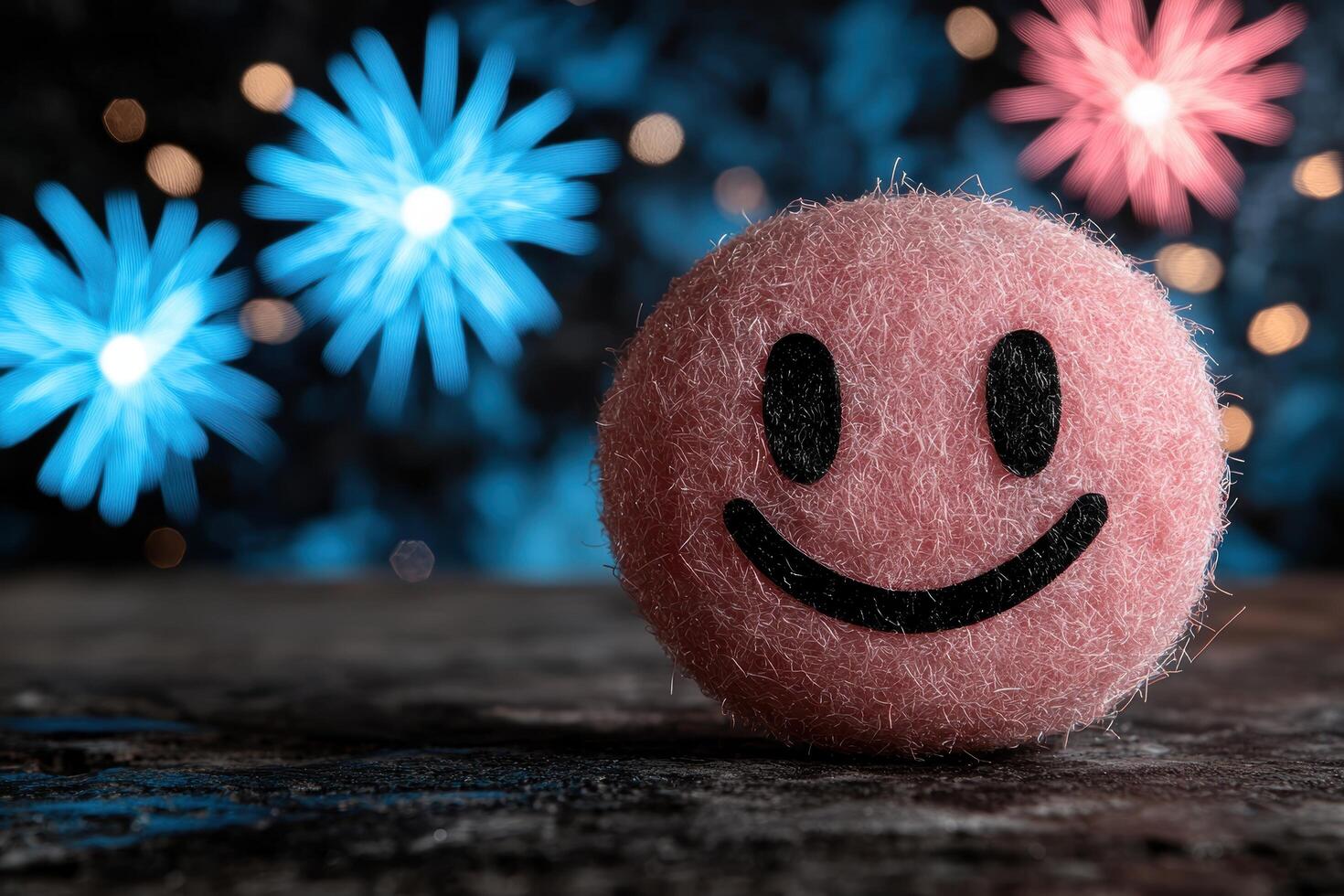 Smiling fuzzy pink emoji with fireworks in the background photo