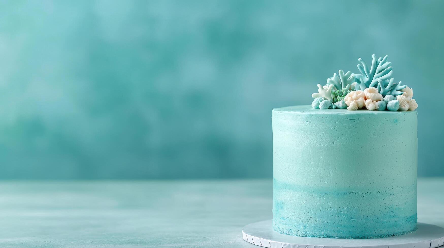 Elegant turquoise cake with coral reef decorations photo