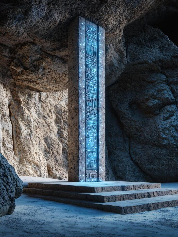 ancient egyptian hieroglyphic stone monument in dark cave photo