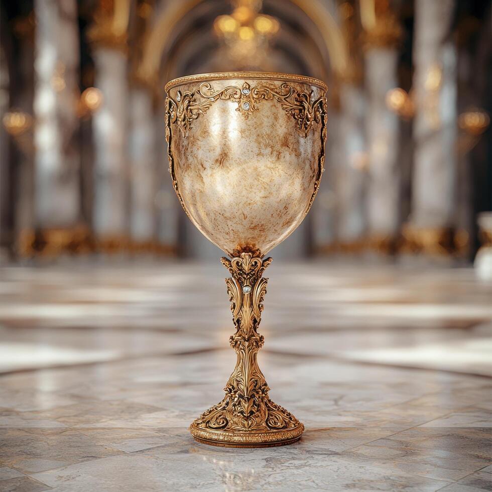 Ornate golden chalice in church interior photo