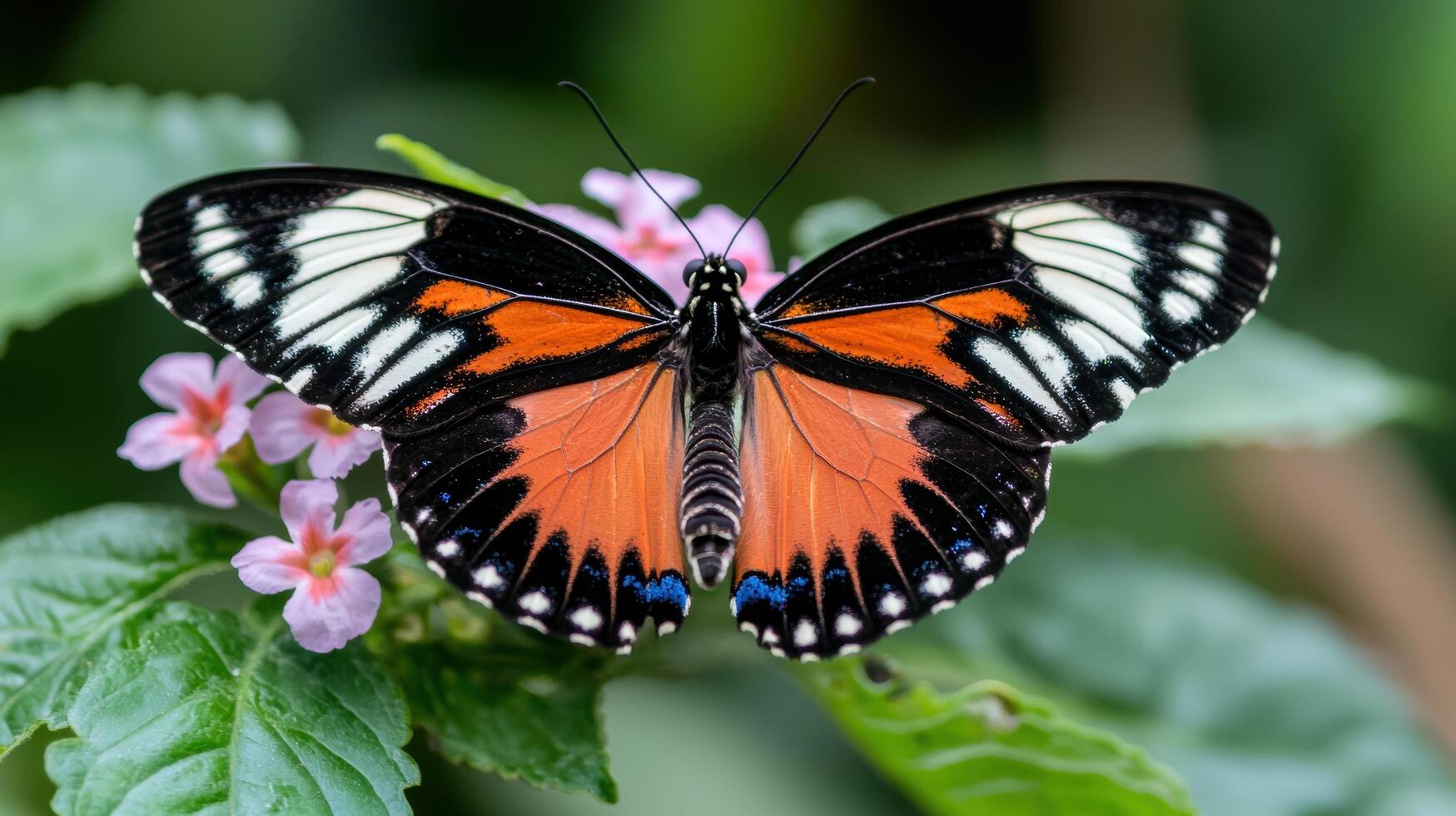 Colorful butterfly perched on pink flowers photo