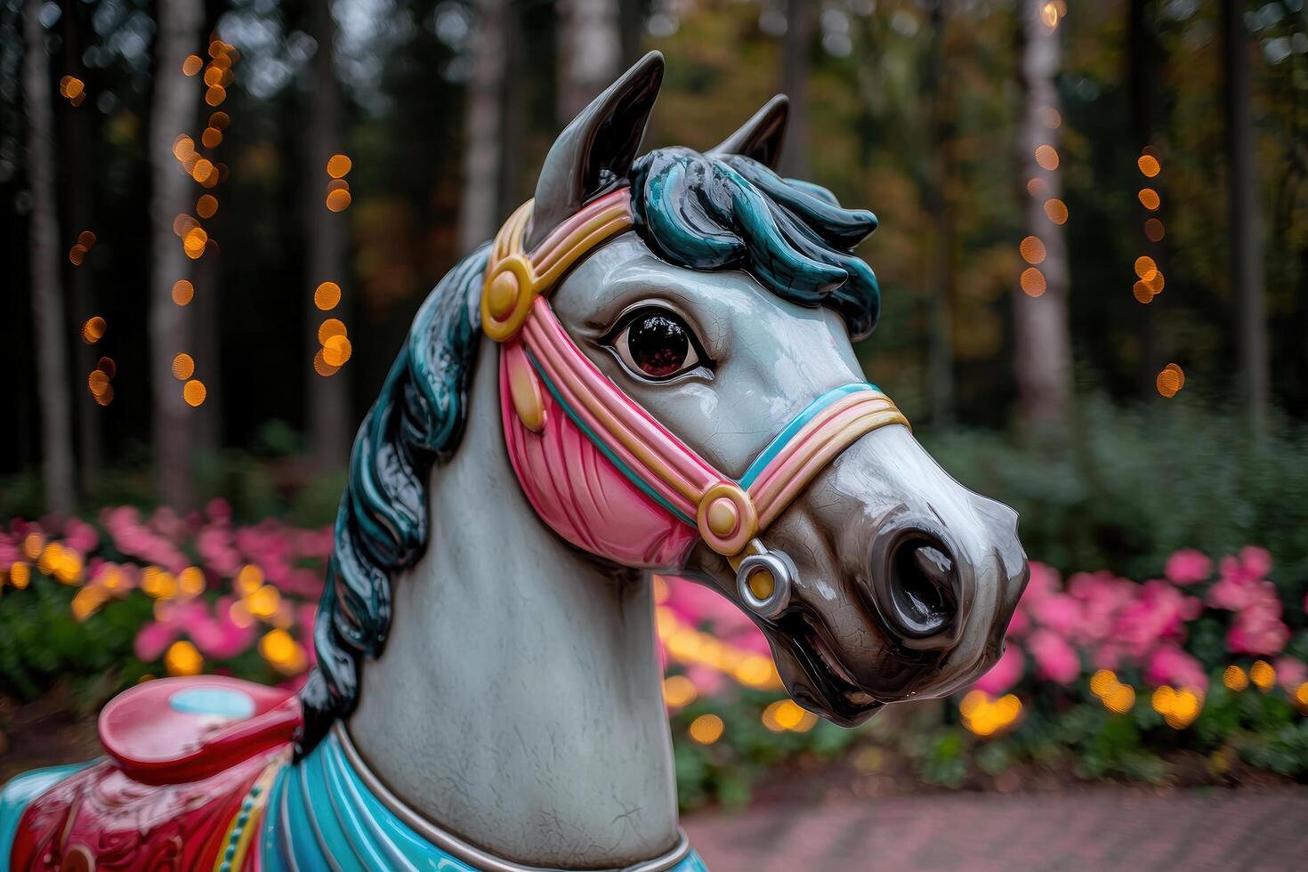Colorful carousel horse in a magical forest setting photo