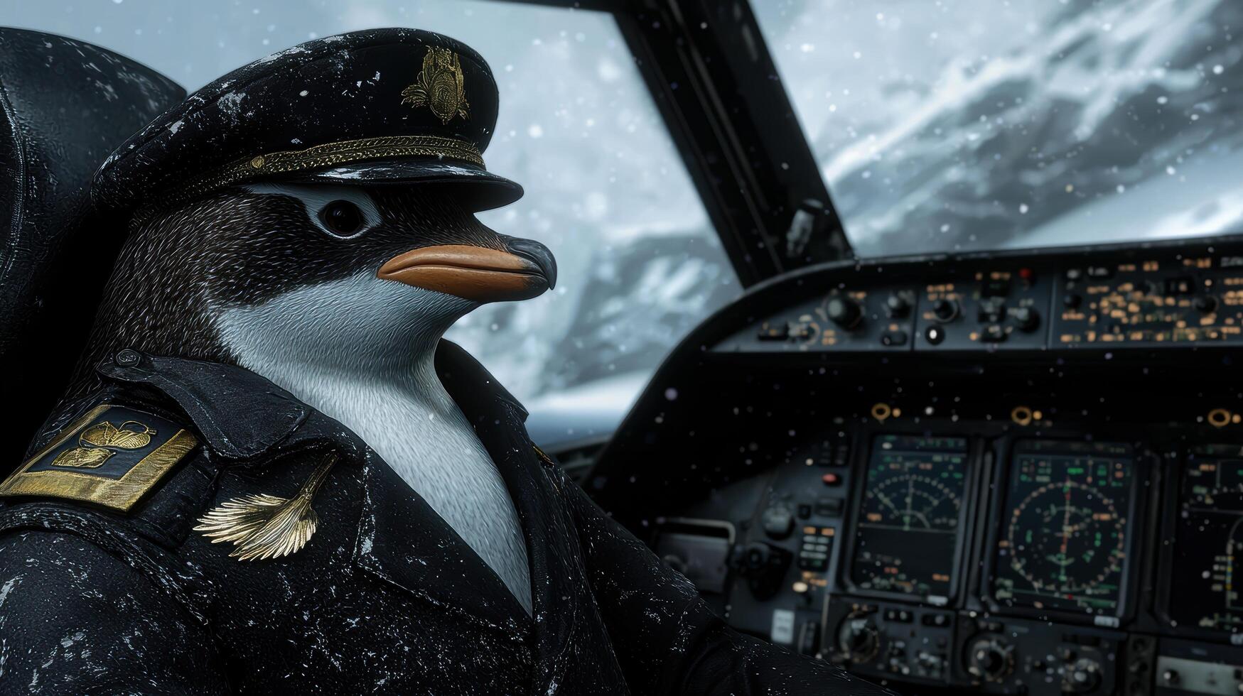 Penguin pilot in the cockpit of an aircraft during a snowstorm photo