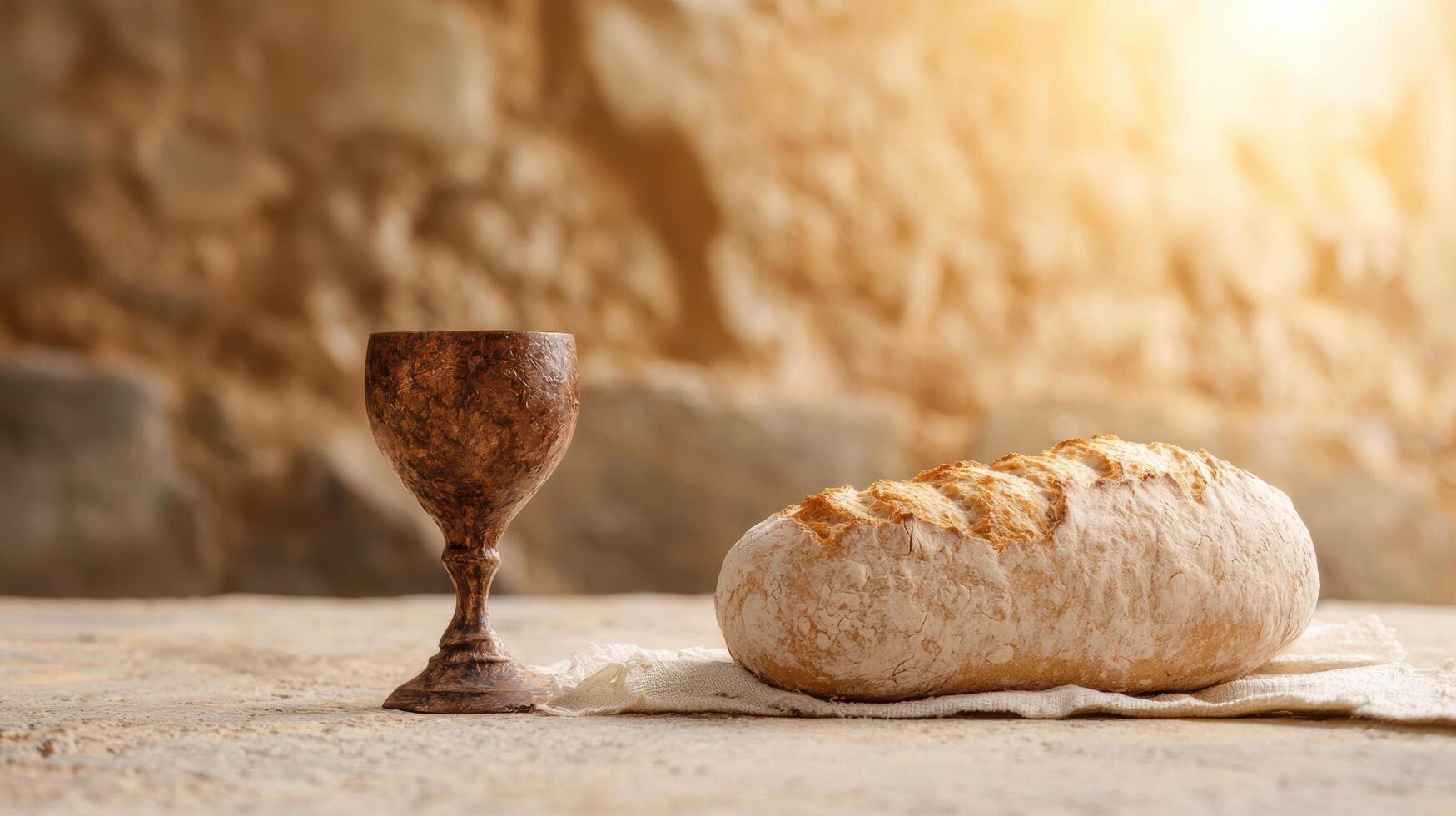 Rustic bread and chalice on wooden table photo