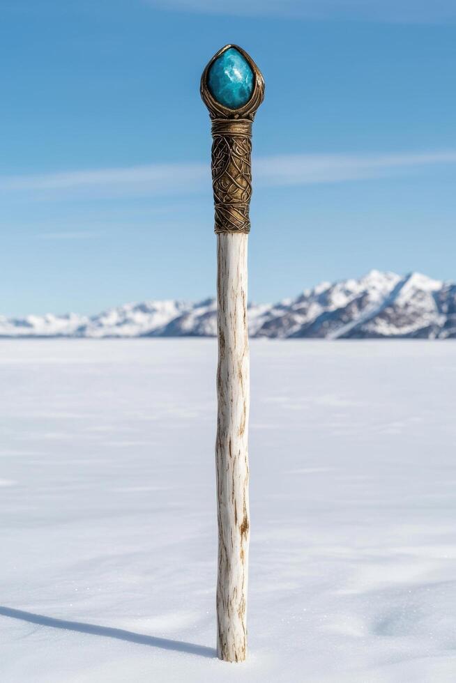 Ornate walking stick with turquoise gemstone in snowy mountain landscape photo