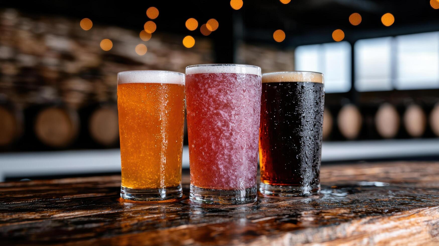 Assortment of colorful craft beers on a wooden table photo
