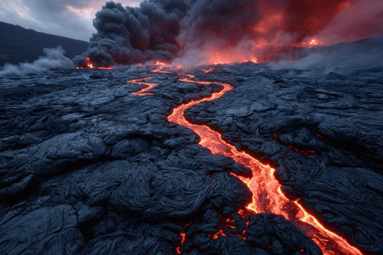 Dramatic volcanic eruption with fiery lava flow photo