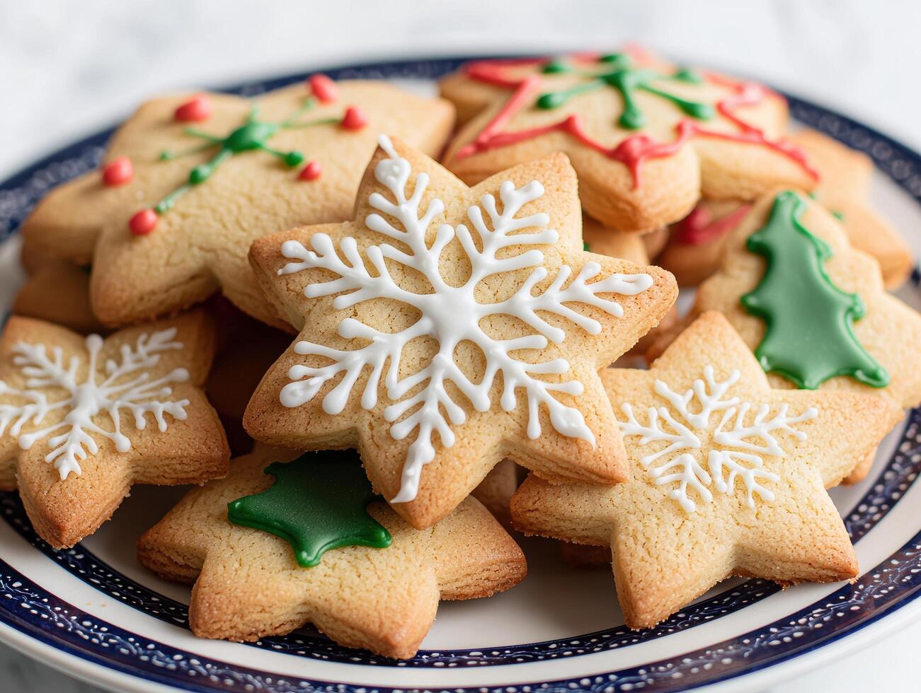 Festive holiday snowflake cookies on a blue plate photo