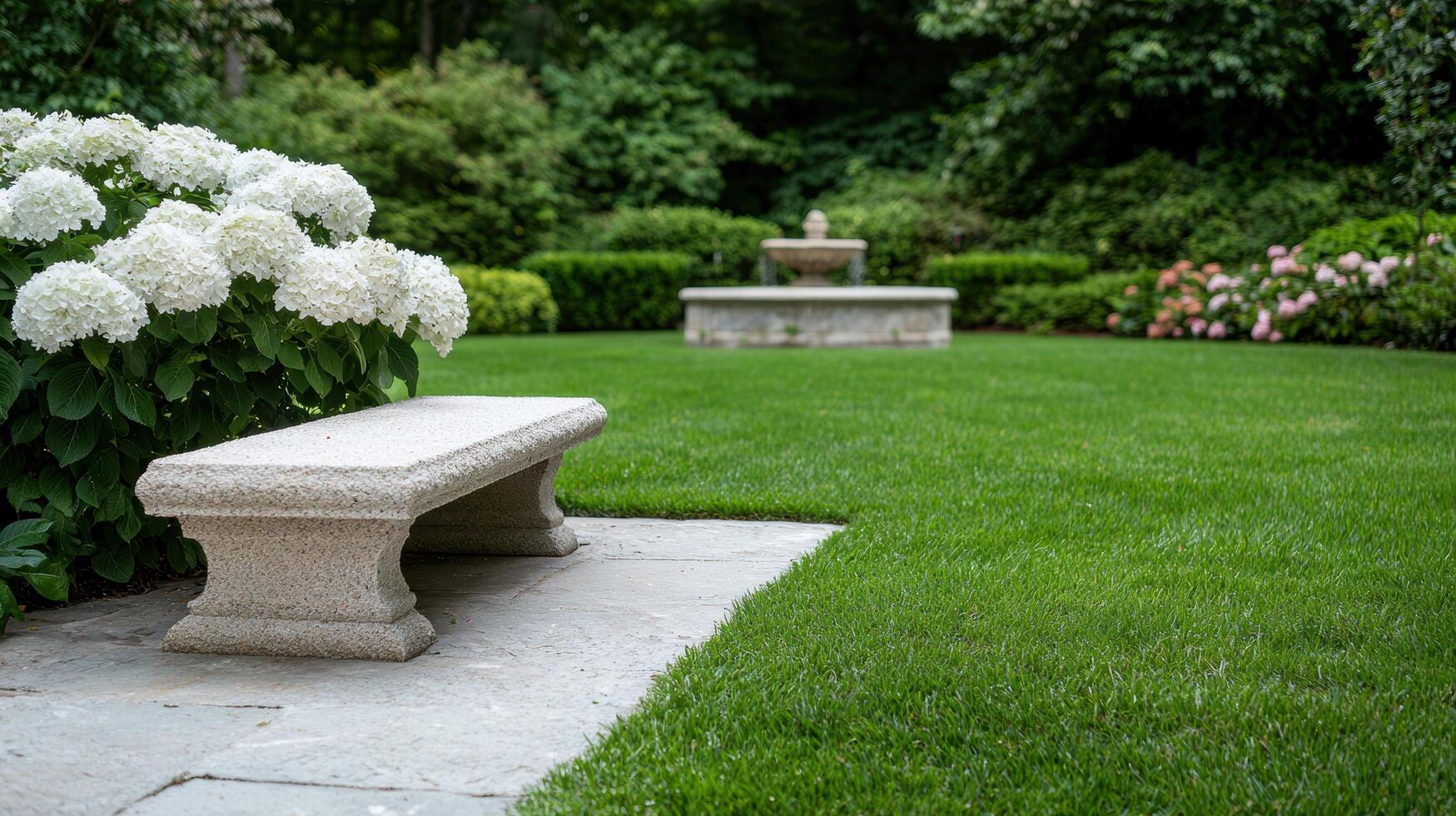 Serene garden landscape with stone bench and fountain photo