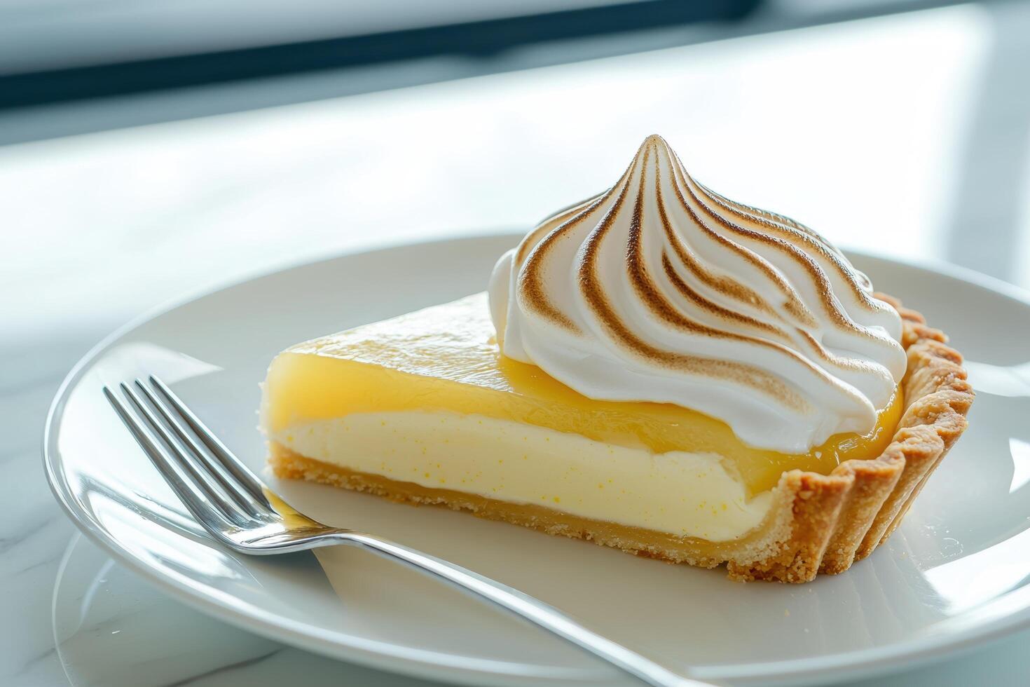 Delicious lemon meringue pie slice on a plate photo