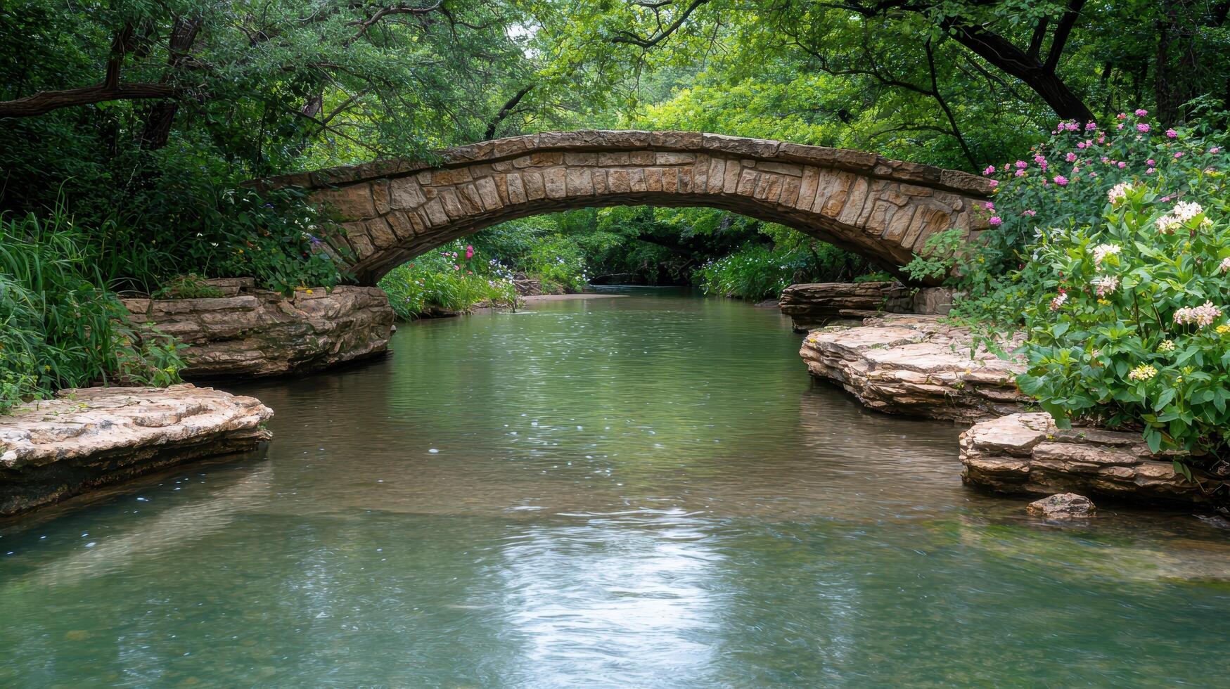Serene stone bridge over tranquil forest stream photo