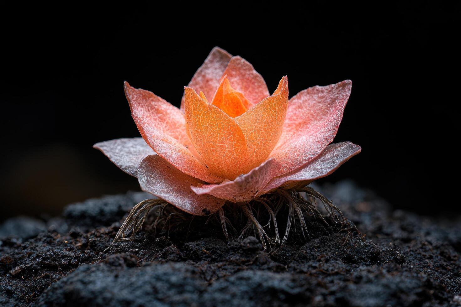 Vibrant orange lotus flower blooming in dark soil photo