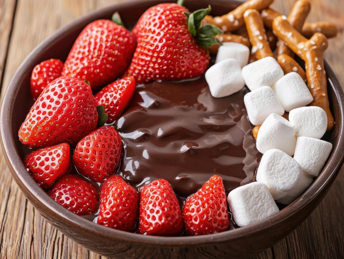 chocolate fondue with fresh strawberries and marshmallows photo