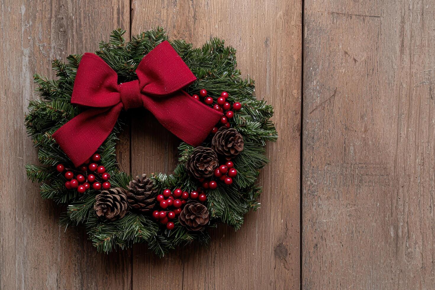 Christmas wreath with red bow and pine cones on wooden background photo