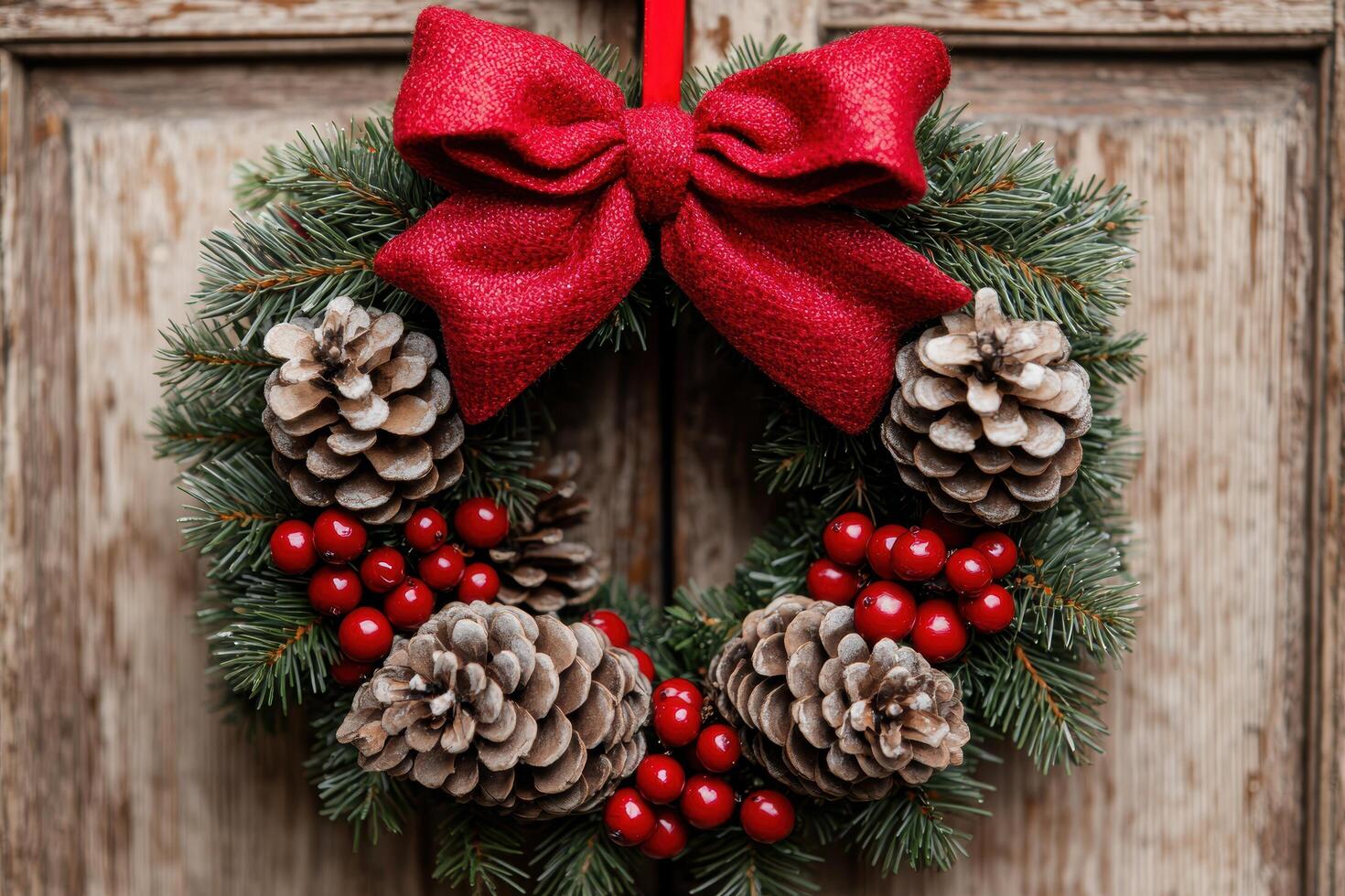 Festive Christmas wreath with red bow and pine cones photo