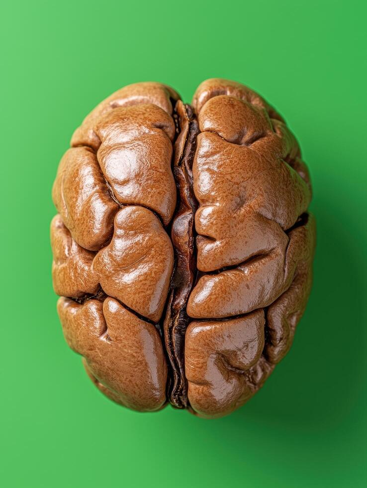 Close up of a walnut on a vibrant green background photo