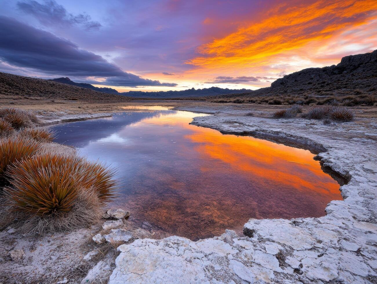 Stunning sunset reflection in desert lake photo