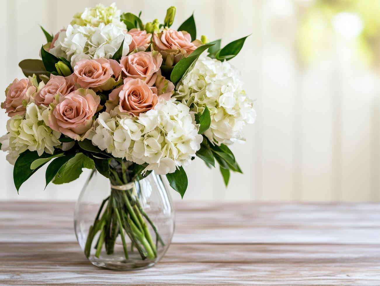beautiful bouquet of pink roses and white hydrangeas in glass vase photo