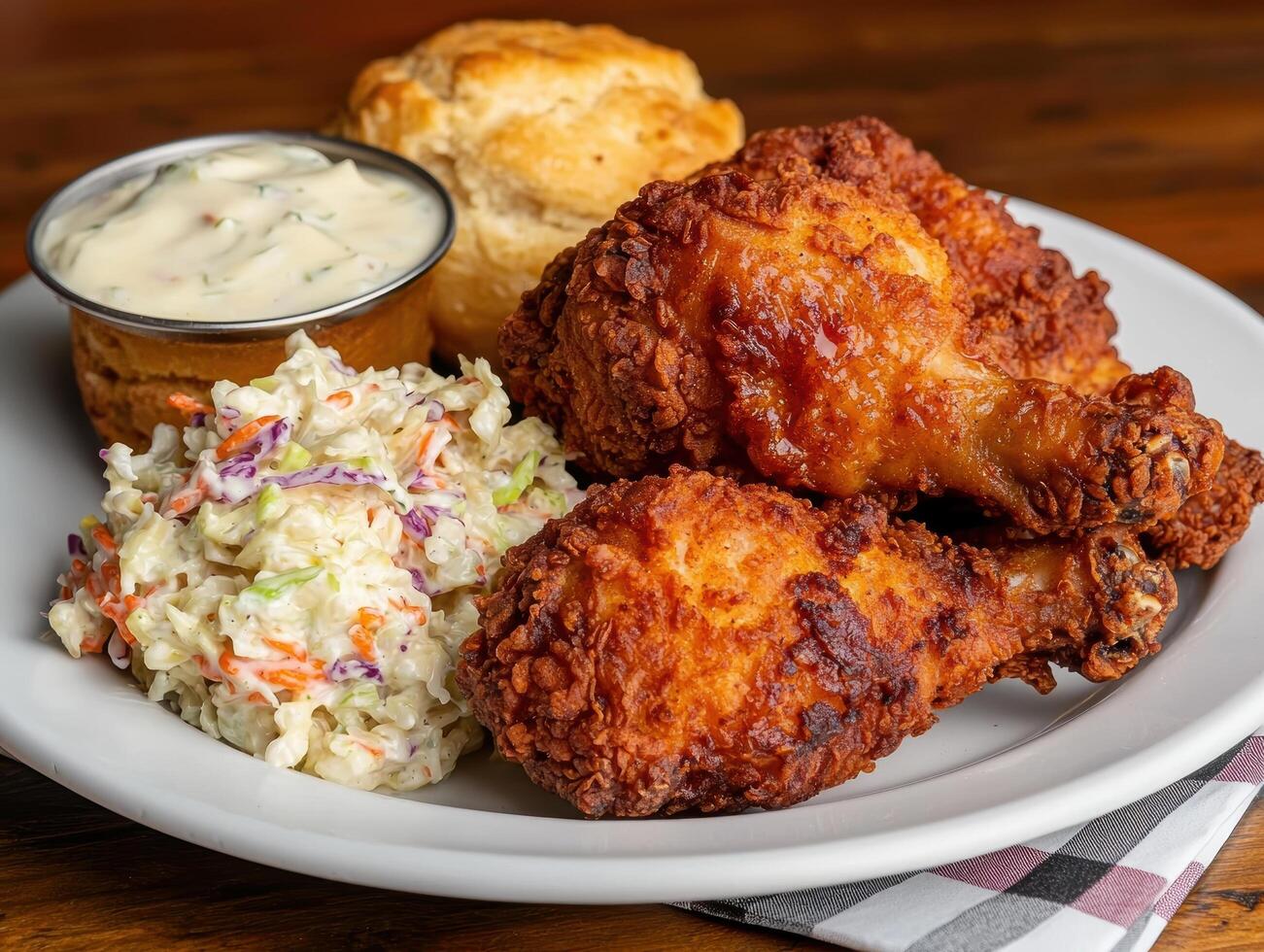 Delicious southern style fried chicken with coleslaw and biscuits photo