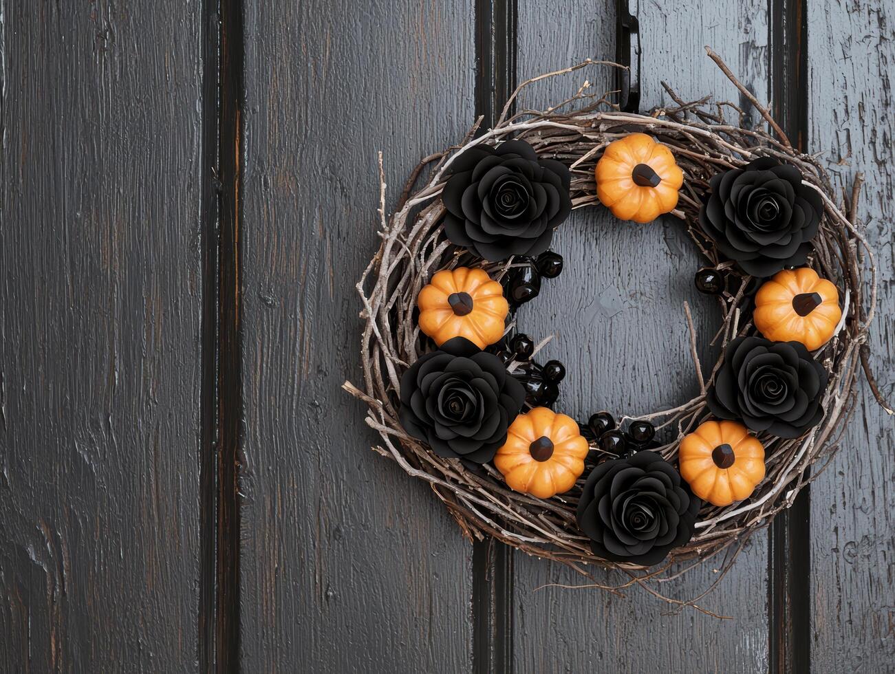 Autumn wreath with black roses and orange pumpkins photo