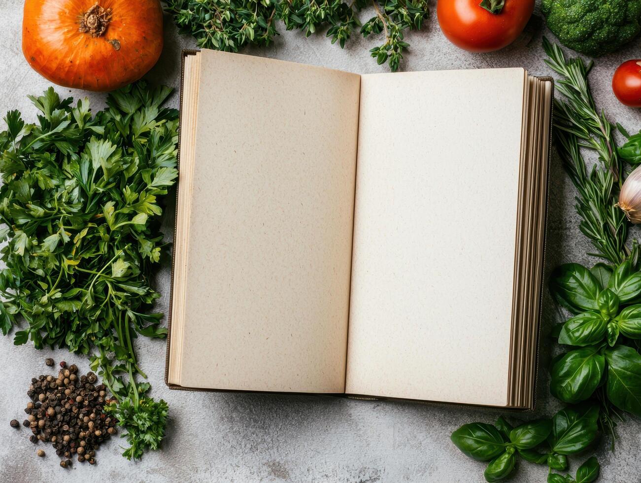 open recipe book surrounded by fresh vegetables and herbs photo