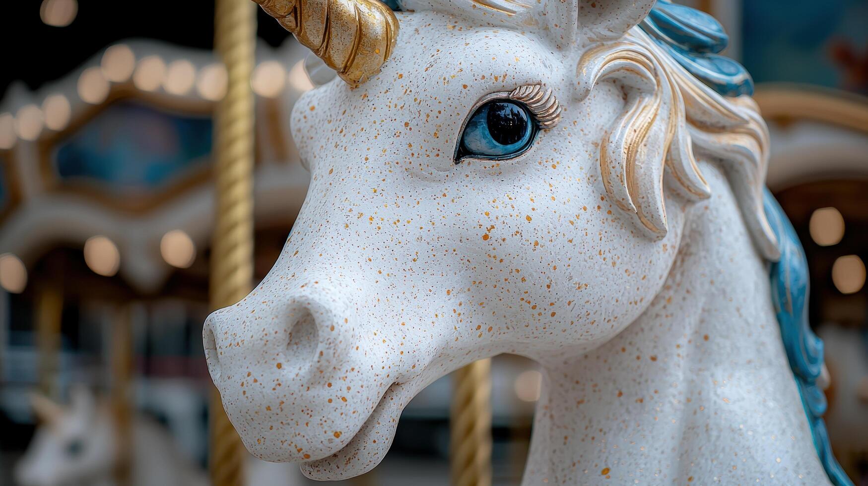 Close up of a white carousel unicorn with blue accents and a sparkly, speckled coat photo
