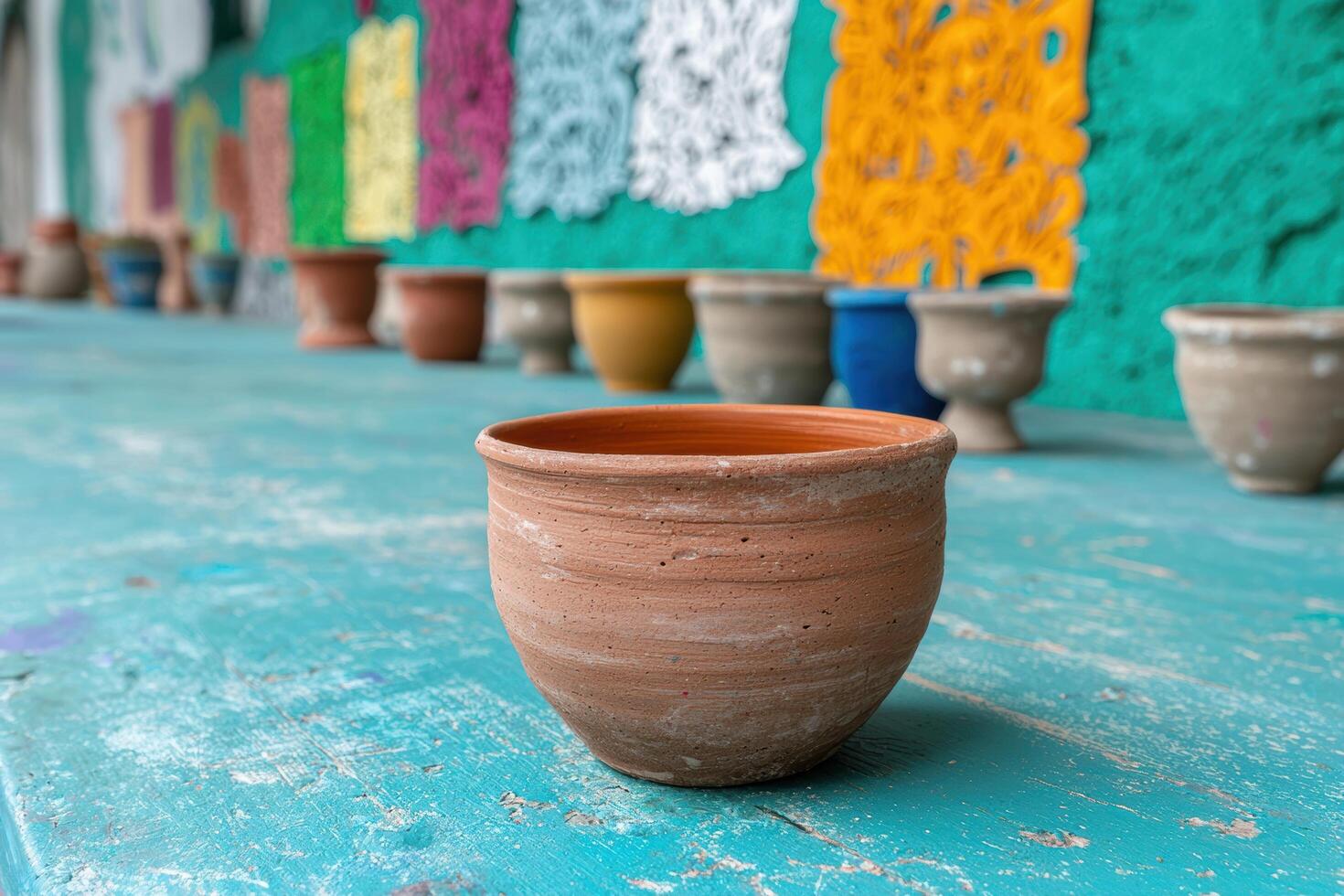 colorful handmade ceramic pots on a distressed wooden table photo