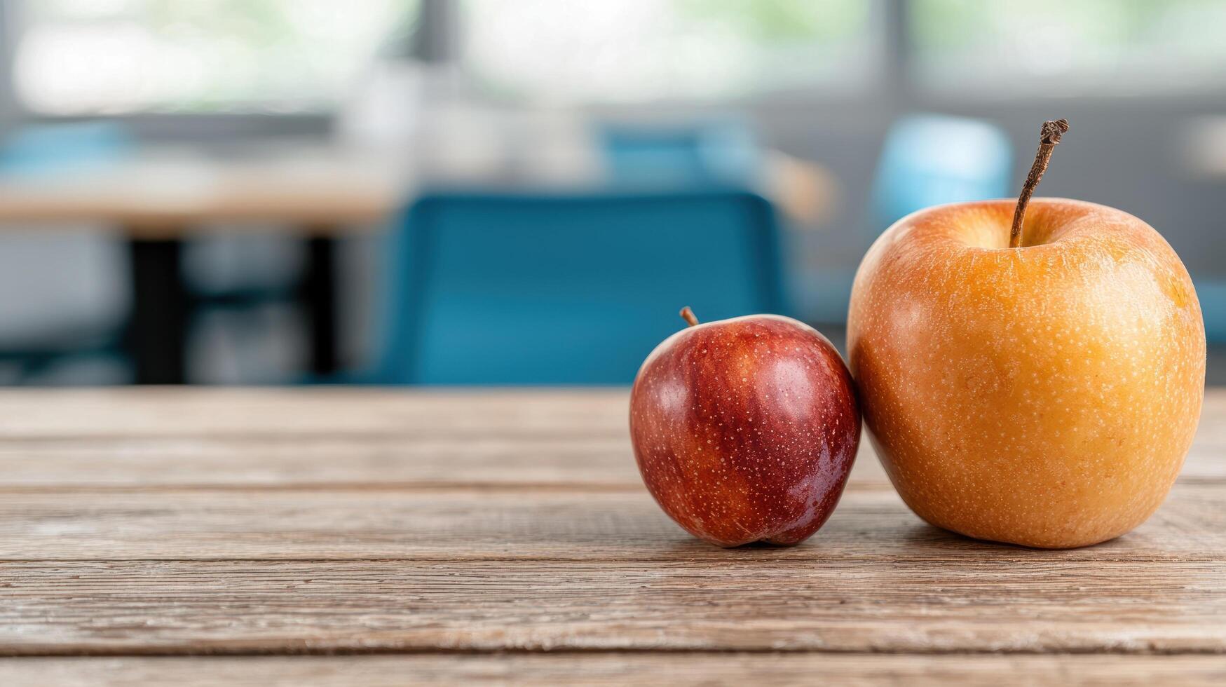Apples on wooden table in classroom photo