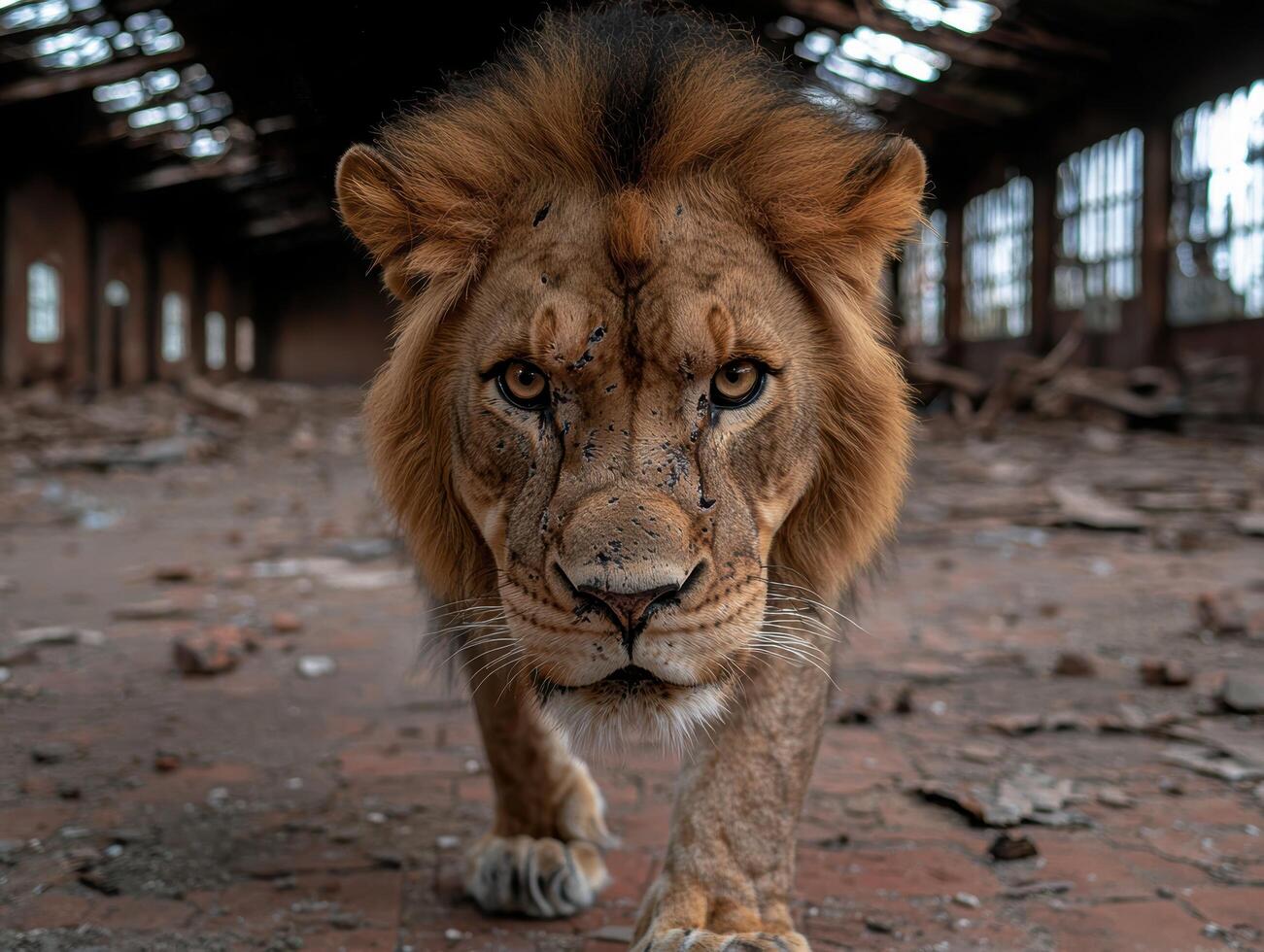 Powerful lion with intense gaze in abandoned building photo
