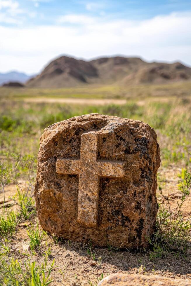 Cross carved into stone in desert landscape photo