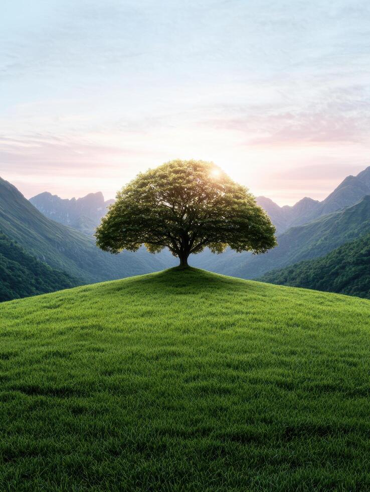 Lone tree on a grassy hill with mountains in the background photo