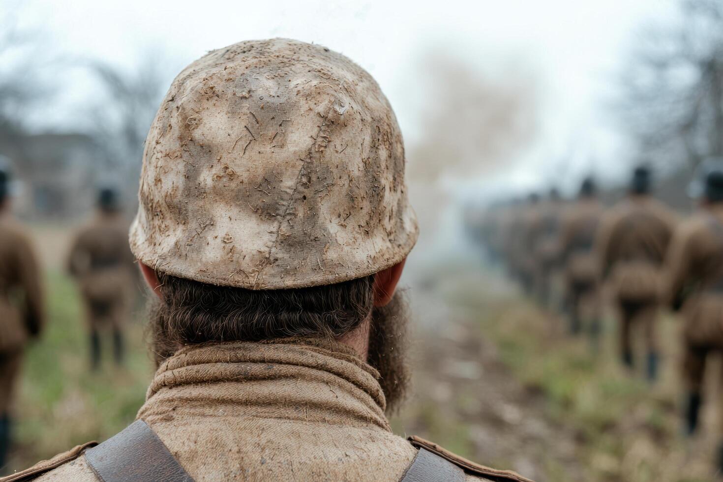 Rear view of a person wearing a dirty, worn helmet in a rural, outdoor setting photo