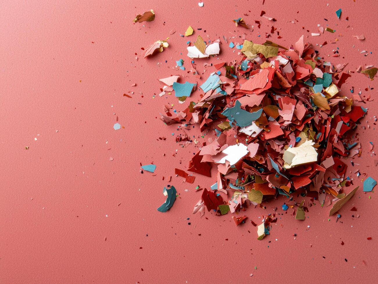Shattered glass and colored fragments on pink background photo