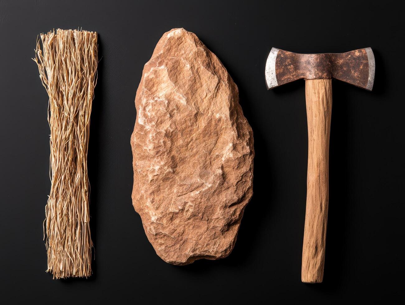 primitive tools and materials on black background photo