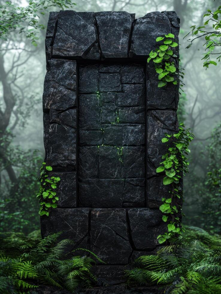 mysterious stone structure in lush forest photo