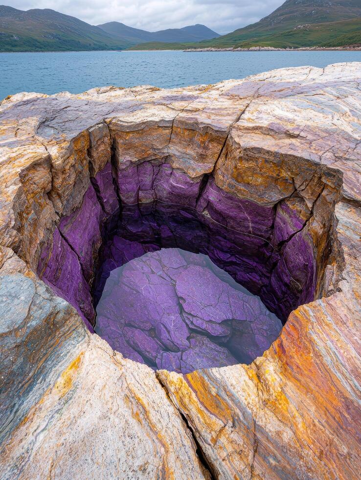 Vibrant rock formation with purple and orange hues overlooking a serene lake photo