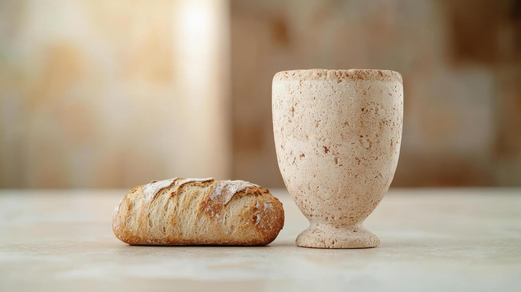 Freshly baked bread and ceramic cup on wooden table photo