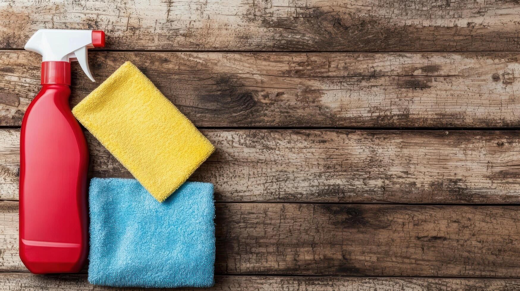 Cleaning supplies and towels on wooden background photo