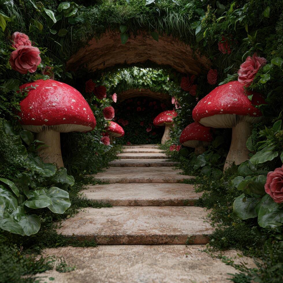 Enchanting Mushroom Archway in Lush Garden photo